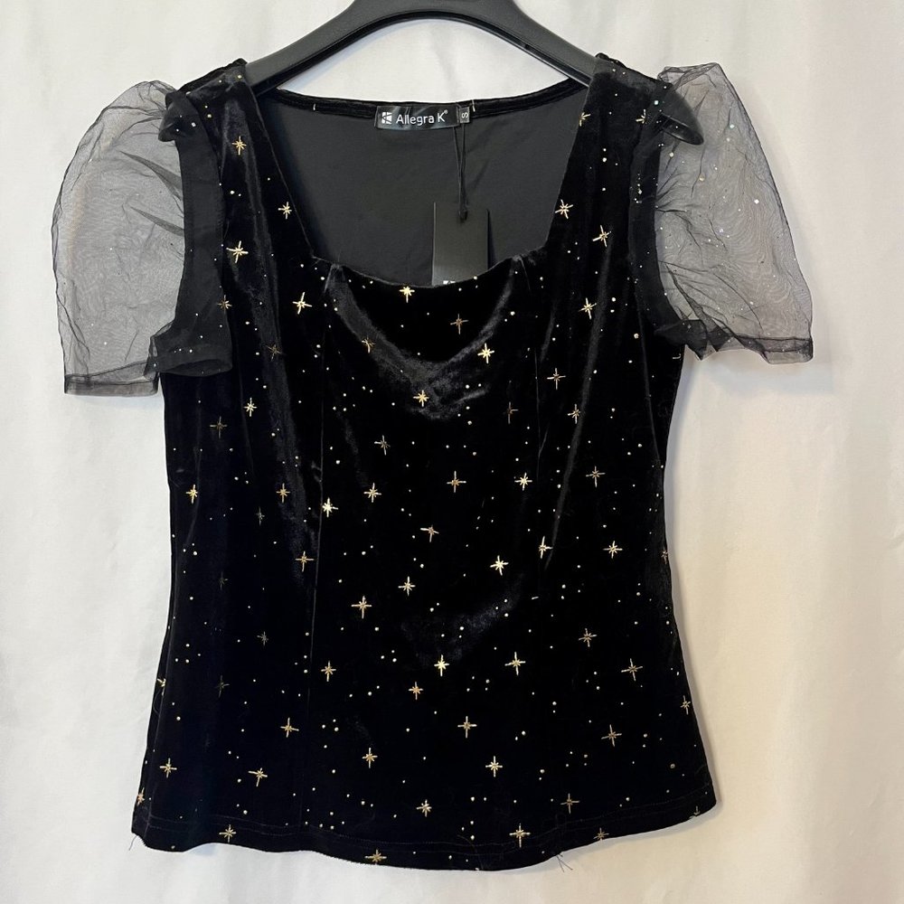 NWT Allegra K Black Velour-Gold Stars-Sheer Sleeves, Small